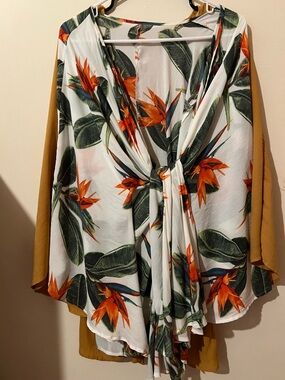 Tropical Floral Tie-Front Blouse in White & Mustard
